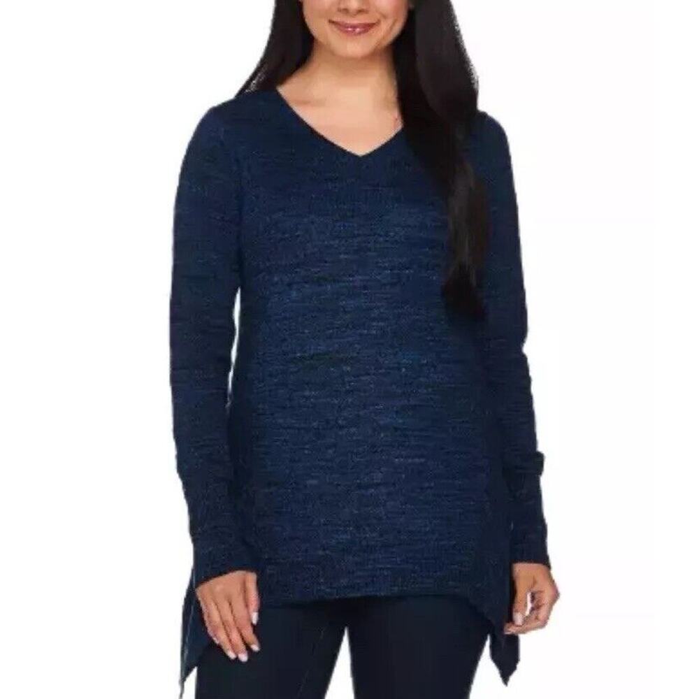 LOGO by Lori Goldstein Melange Cotton Cashmere Sweater Marine L Shark Bite GUC